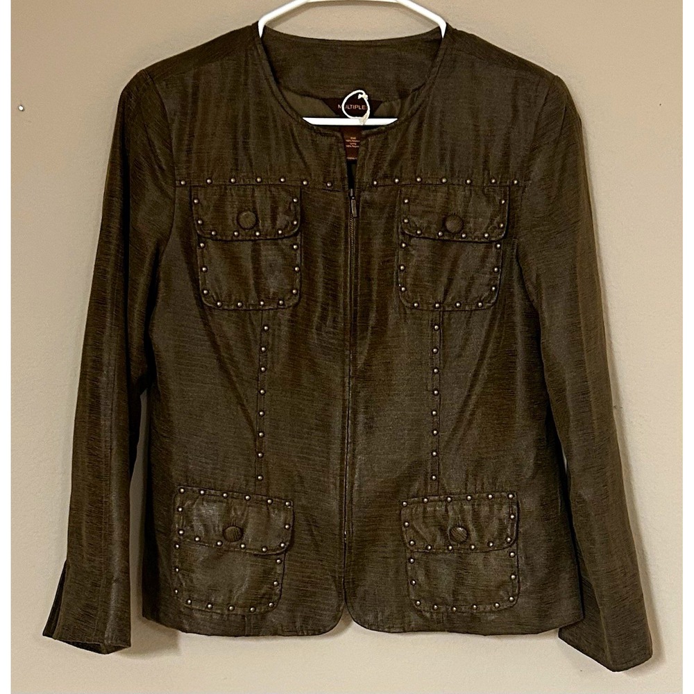 Multiples Womens Petite PM Olive Green Studded Full-Zip Jacket w/ Pockets